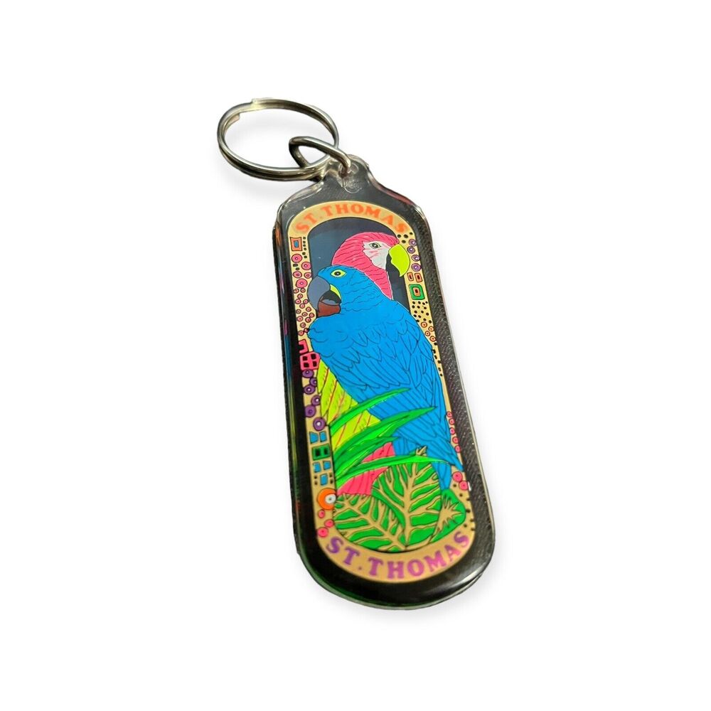 St. Thomas Souvenir Keychain Vivid Colors Parrot Focus - Picture 2 of 4